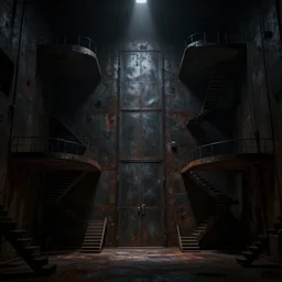 huge, very dark room, with rusty metallic walls, metal door, pitch black darkness all around, platforms with staircases everywhere, lots of stairs, digital art, concept art, high detail, eerie, single light source, style of jordan grimmer