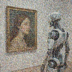 photorealistic painting by craig mullins. a cyborg in an art gallery looking at a painting of a beautiful woman staring back at the cyborg. intricate details