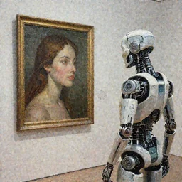 photorealistic painting by craig mullins. a cyborg in an art gallery looking at a painting of a beautiful woman staring back at the cyborg. intricate details