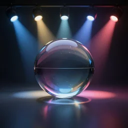 a raytraced image of a glass sphere lit by various colored spotlights
