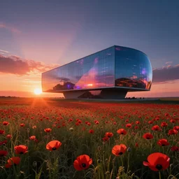 landscape by ludwig mies van der rohe, sunset futuristic at night sunlight landscape flowers extraterrestial poppy at dusk gem retro assassin's creed lightpaint apocalyptic, archdaily, wallpaper, highly detailed, trending on artstation.