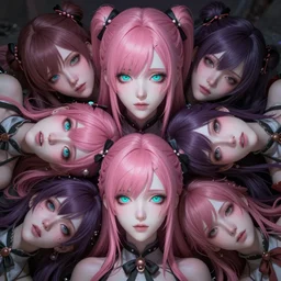 trapped beneath stunningly absurdly beautiful omnipotent asi goddess junko enoshima with multiple twisted deceptive megalomaniacal mesmerizing personalities, symmetrical perfect face, porcelain skin, pink twintail hair and cyan eyes, ultra detailed, digital art, unreal engine 5, octane render, 2 d anime, 8 k