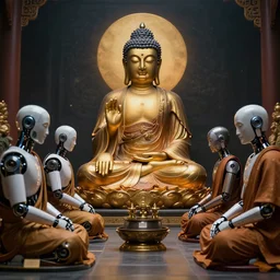 Artificial Intelligence buddha being worshipped by robot monks. Hyper realistic, award winning, dramatic lighting.