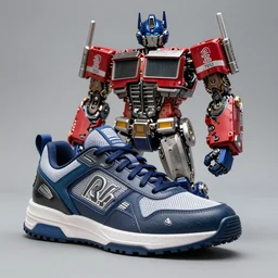 sneakers with the colors of optimus prime with mechanical detailing, hyperrealistic, high resolution