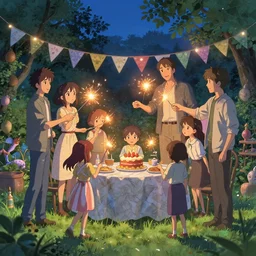 family out in their back yard having a birthday party carrying sparklers, in marble incrusted of legends official fanart behance hd by Jesper Ejsing, by RHADS, Makoto Shinkai and Lois van baarle, ilya kuvshinov, rossdraws global illumination