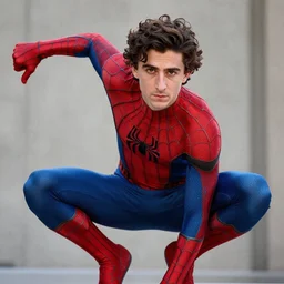 Timothee Chalamet is Peter parker spiderman, +++ super super super dynamic posing, j.c. leyendecker, Valentina Remenar, thick eyebrows, super serious facial expression, upscaled