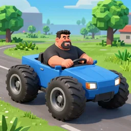 fat john cena driving a car with really big tires, super big tires, fortnite screenshot. 8k, 4k. Chonkers. Chonk.