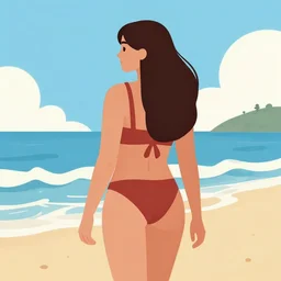 a beautiful flat illustration of a woman on the beach in swimsuit by hed kandi, adobe illustrator