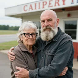 a photograph of an elderly bald man with a bushy beard and an elderly woman with cat eye glasses holding each other outside of a country roadside diner