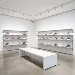 large nike boutique flagship retail. white walls. polished concrete floor. display tables with colorful shoes and varied clothes. bright digital screens on walls. low ceilings with downlights and spots. white corian and oak furniture. plants. muted colors. long exposure people.