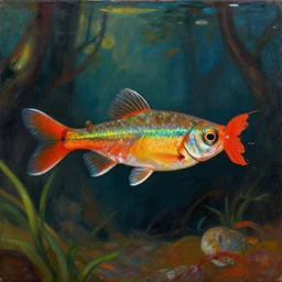 emblematic of the ember tetra, distilled to the essence, a found cultural token to epitomize the floundering values gone byebye. seeya!!! it's gonna be a long time until eternal return loops back around. enchanted storybook painting by diego rivera
