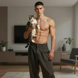 full body portrait of a single beautiful young fit man, modern haircut, open shirt, large pants, holding a small cat on a arm. by greg rutkowski and alphonse mucha, d & d character, in front of a modern room background, highly detailed portrait, digital painting, artstation, concept art, smooth, sharp focus illustration, artstation hq