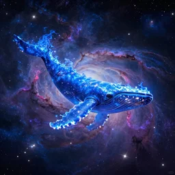 Blue fire whale flying through a nebula, star dust, cosmic, magical, shiny, glow,cosmos, galaxies, stars, stunning, vivid colors, by andreas rocha and john howe, and Martin Johnson Heade, featured on artstation, featured on behance, golden ratio, ultrawide angle, hyper detailed, photorealistic, epic composition, wide angle, f32, well composed, UE5, 8k