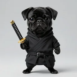 high quality and realistic professional studio illustration of a cute and sad black pug puppy dressed as a ninja holding a katana, photo by sebastiao salgado