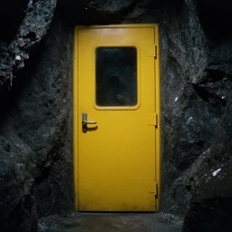 yellow electronic door in a mining cave, mysterious sci - fi, ridley scott, film still from a sci - fi film, 1 9 8 0 s, dark salt crystals, tense atmosphere, screenshot from a movie,