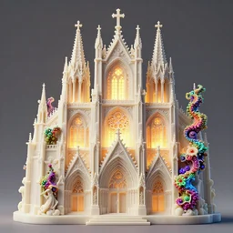 a hyperrealistic 3 d render of a delicate ivory sculpture of an ornate detailed cathedral populated by mandelbrot fractals, micro detail, unreal engine, backlit lighting, psychedelic, octane renderer, catholicpunk, glowing, white color scheme, photorealistic, physically based rendering, angelic, colorful, carved soap, trending on cgsociety