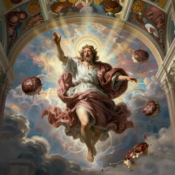 the flying spaghetti monster in all his glory, saint, holyness, dramatic lighting, epic cirrus radiating clouds, godrays, meatballs, hyper detailed, sistine chapel ceiling