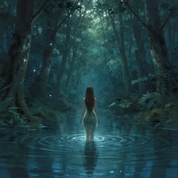 forest nymph rising from the water. view from behind, wide angle view, back view. nuri iyem, james jean, greg rutkowski, anato finnstark. trending on artstation, starlight, and enchanted dreams