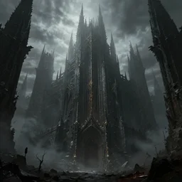 grimdark fantasy fortress, ruined, terrifying architecture, looming, dark, fog, dark souls, artstation
