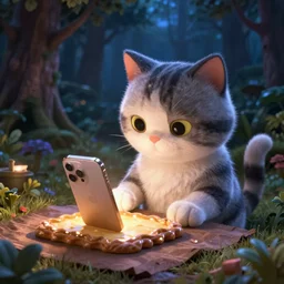 a cat baking an iphone in the dark night forest, pixar, unrealengine, cinematic, dynamic lighting