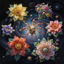 An epic fantastic realism comic book style painting of the most beautiful spinning flowers floating into space, exquisite bouquets from an alien culture, fisheye, unreal 5, DAZ, hyperrealistic, octane render, dynamic lighting