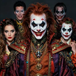 photorealistic portrait of evil looking gary busey wearing intricate shao khan costume, bizarre voodoo makeup, clown makeup, by amano, karol bak, greg rutkowski, and akira toriyama, tonalism, hyperrealistic, artgerm, concept art, masterpiece.