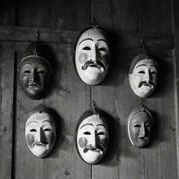 a few tyrolean and alpine folk folklore masks hanging on wooden wall, 1 9 2 0 analog photography, black and white, grainy, dark