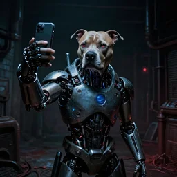 cyborg - pitbull taking a selfie, in hell, in 1 9 3 2, y 2 k cybercore, industrial low - light photography, still from a kiyoshi kurosawa movie