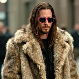 film still of Jared Leto as Tyler Durden wearing big fur coat and pink sunglasses in Fight Club 1999