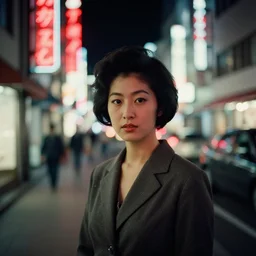 - a Japanese woman on a street at night, 1966, 35mm photography, red neon lights