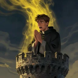 Digital portrait of a terrified catholic priest in his twenties fervently praying at the top of a medieval tower. He is looking horrified as a yellow shadow descends upon him from the night sky. Dramatic lighting. Award-winning digital art, trending on ArtStation