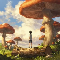 isekai masterpiece anime boy standing tree log looking up at giant mushrooms, high noon, cinematic, very warm colors, intense shadows, layered stratocumulus clouds, anime illustration, anime screenshot composite background