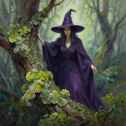 witch of the lichen woods. this air brush painting by the award - winning concept artist has an interesting color scheme, plenty of details and impeccable lighting.
