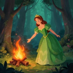 a beautiful green Queen trying to put the fire in the magical forest, digital art