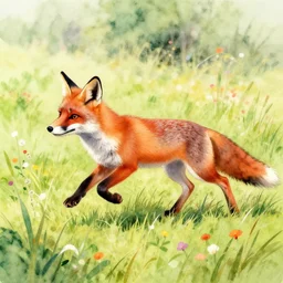 a very detailed drawing of a fox running through a colorful meadow, 4 k, watercolor