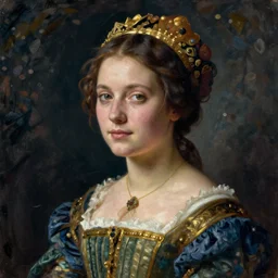 portrait of young woman in renaissance dress and renaissance headdress, art by claude monet