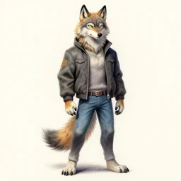 expressive stylized master furry artist digital colored pencil painting full body portrait character study of the sergal wolf fursona animal person wearing clothes jacket and jeans by master furry artist blotch