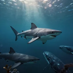 a field with sharks and whales roaming around, bokeh, dramatic lighting, cinematic, establishing shot, high detail, cinematic lighting, post processed, 8k, concept art, artstation, matte painting, in the style of eddie mendoza, raphael lacoste, alex ross