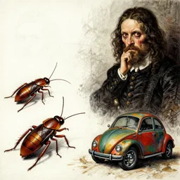 grunge sketch drawing of cockroaches and beatles in the style of Jacob Shaw and Rembrandt van Rijn ,creepy, surreal, trending on artstation, bold and vivid colour