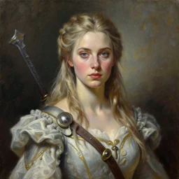the portrait of susie dent as amazon warrior in an elegant dress by roberto ferri, fantasy, witcher, very detailed oil painting, masterpiece, 8 k, full face