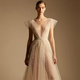 delicate, semi transparant, high couture dress, super model, warm light, studio setting by marc lagrange
