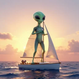 hyper intelligent alien sailors in sailboat on open sea sunrise hopeful hd digital