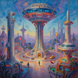 sci - fi cyberpunk amusement park in 2 4 th century by ranganath krishnamani, by james gilleard, by ian mcque, by paul thurlby, trending on artstation, rococo color scheme, oil on canvas, hd, sharp, detailed,