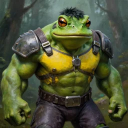 macro medium close up shot, rugged anthropomorphic muscular!!!!!!!!! oversized!!!!!!!! hulked!!!! frog as oversized green armored barbarian armored hunter with yellow chest wearing war soldier uniform sci - fi armor in deep forest, foggy, oil painting by frazetta and greg rutkowski