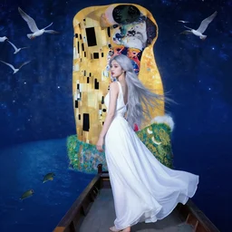 a young beautiful woman with sliver long hair wearing a long white dress, on a boat flowing in the deep blue starry sea, flying white birds, sea animals, like a dream, hyperrealistic, highly detailed, gothic, by gustav klimt, whole body, from back