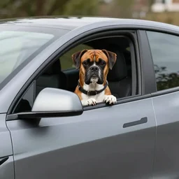 a boxer dog driving a gray Tesla model y, 4k