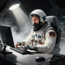a beautiful artwork illustration, concept art sketch of spaceship pilot with long black beard operating a machinery on his desk, volumetric fog, godrays, high contrast, high contrast, high contrast, vibrant colors, vivid colors, high saturation, by Greg Rutkowski and Jesper Ejsing and Raymond Swanland and alena aenami, featured on artstation, wide angle, vertical orientation