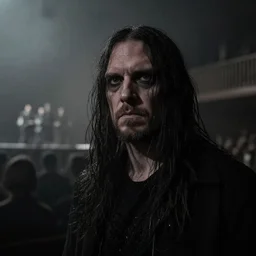 lingua ignota photographed by wolfgang tillmans, dark and foggy like norwegian black metal aesthetics, detailed, photorealistic, after a concert, hall in the background, closeup