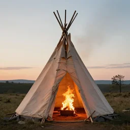 an alien building a fire inside of a teepee