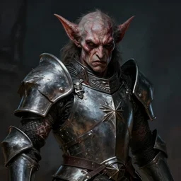 portrait of a kobold paladin in fullmetal plate, with deep pain and trauma, tormented look, d & d character portrait, by peter mohrbacher, digital art, trending on artstation, hyper realistic, high detail, chiaroscuro, by james gurney, fantasy, dramatic lighting